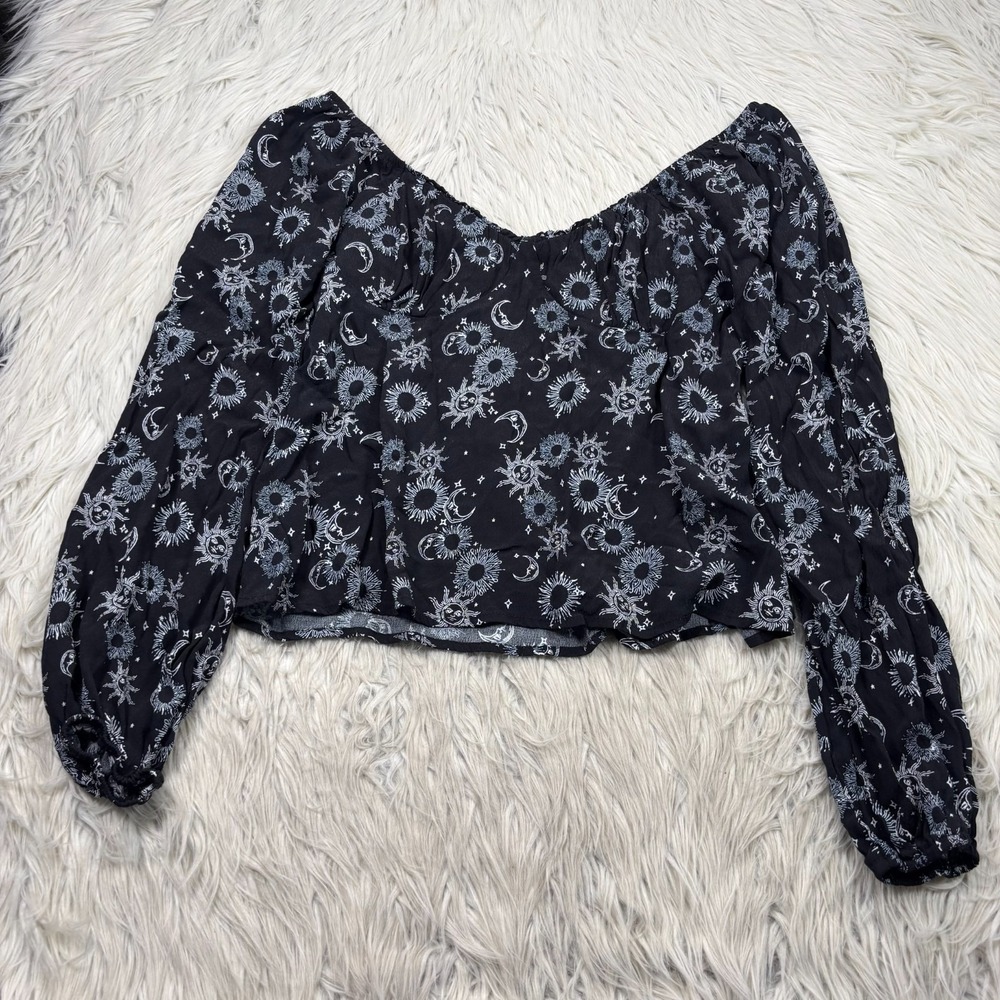 Stitch‎ & Pine Women's M Black Celestial Blouse Balloon Sleeve Goth Witchy